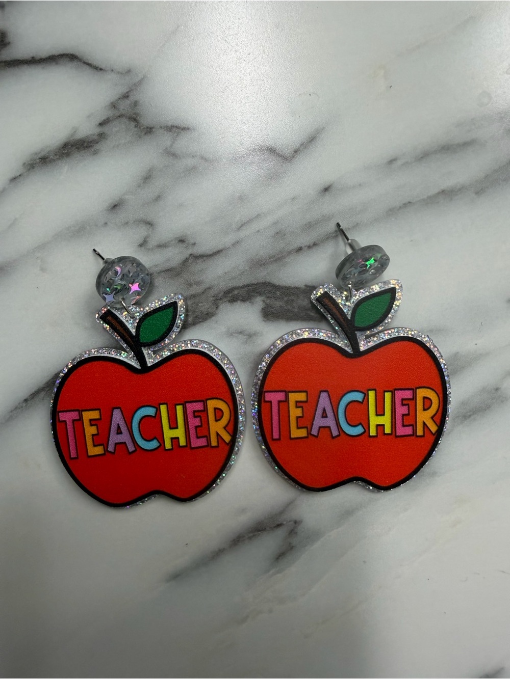 Teacher Apple Dangle Earrings - Red with Multicolor Text